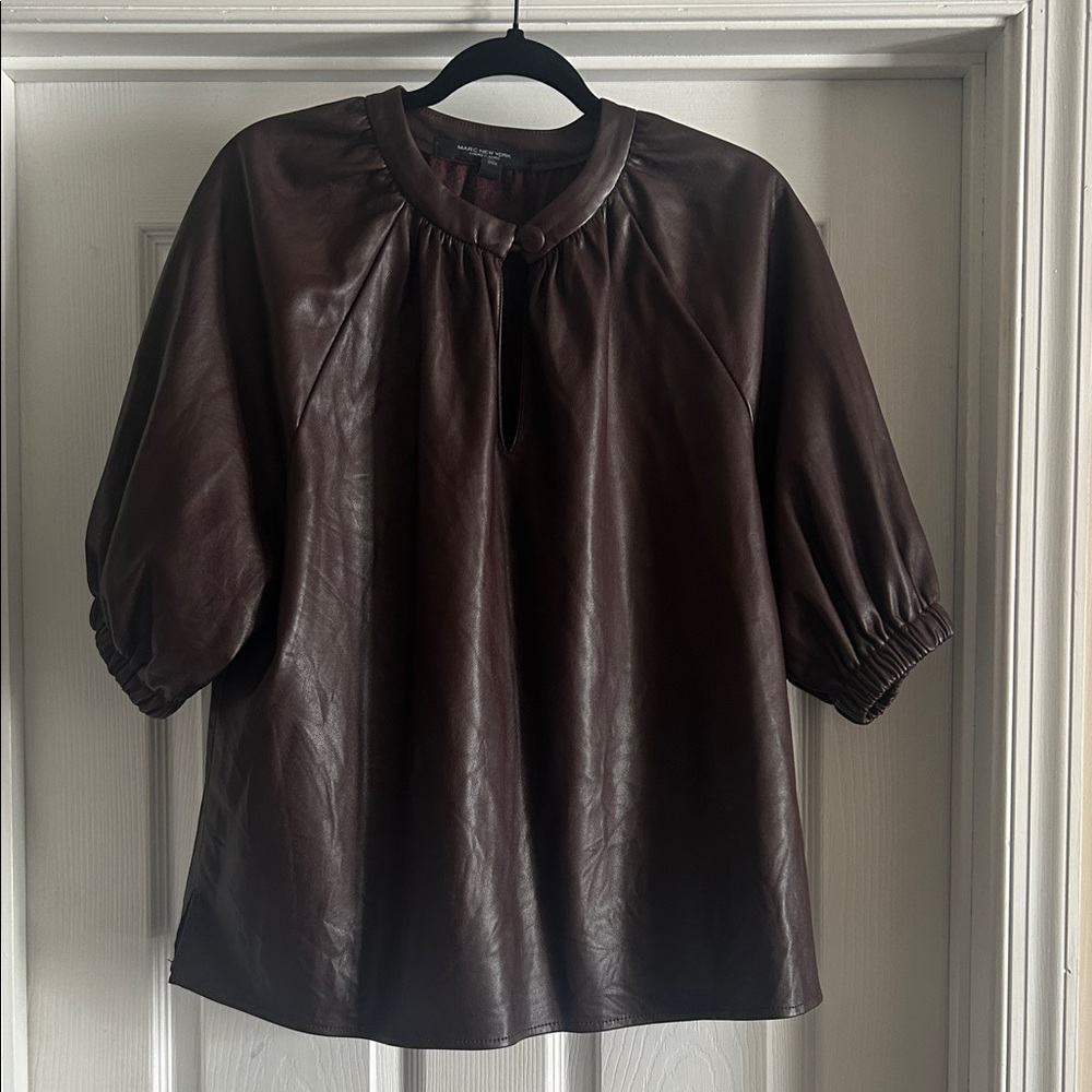 Marc New York Women’s Brown Faux Leather Puff-Sleeve Top